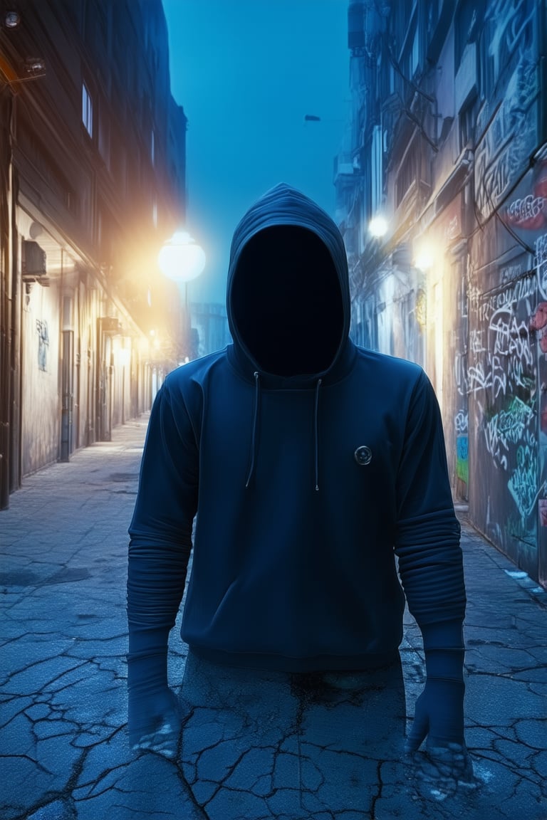 A moody, dark blue-lit realism portrait of a solitary figure, shrouded in shadows. The subject's face is obscured by a hoodie, with only their piercing eyes visible. The camera captures a stark, urban alleyway background, with cracked pavement and graffiti-covered walls. The only source of light comes from a distant streetlamp, casting an eerie glow.