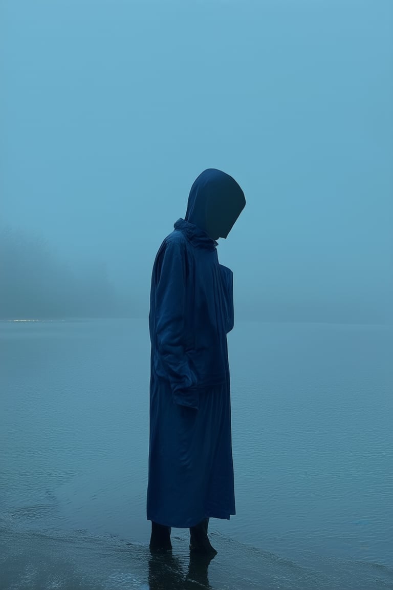 A somber, dark blue-hued realism photograph captures a fleeting moment of introspection. A solitary figure stands at the edge of a murky lake's shoreline, shrouded in misty twilight. The subject's face is obscured by shadows, while the surrounding atmosphere is heavy with mystery and contemplation.