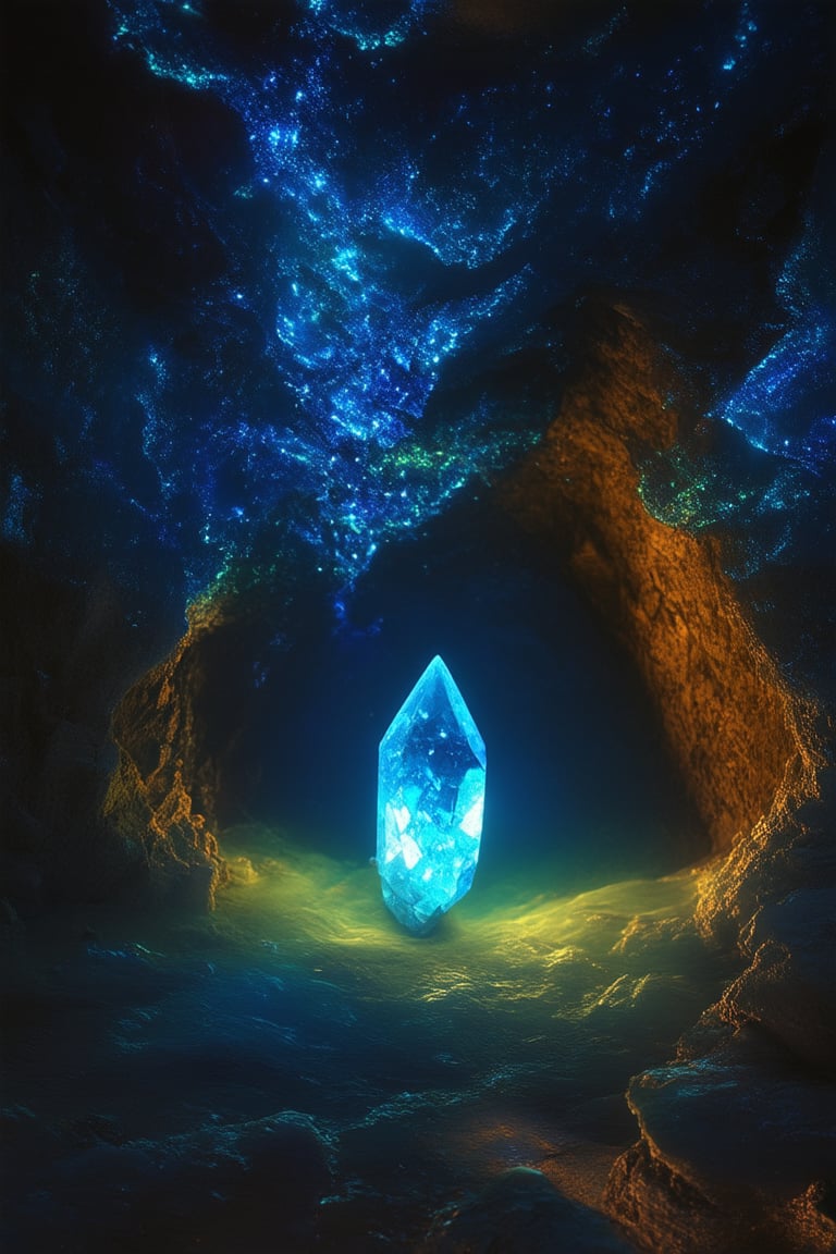 A mystical cave bathed in an ethereal glow, where iridescent crystals suspended from the ceiling like a shimmering tapestry. Soft, pulsing luminescence emanates from their cores, casting an otherworldly light on the ancient stone walls. A lone crystal nestled in the center of the frame radiates an intense, bluish hue, drawing the eye into its sparkling depths.