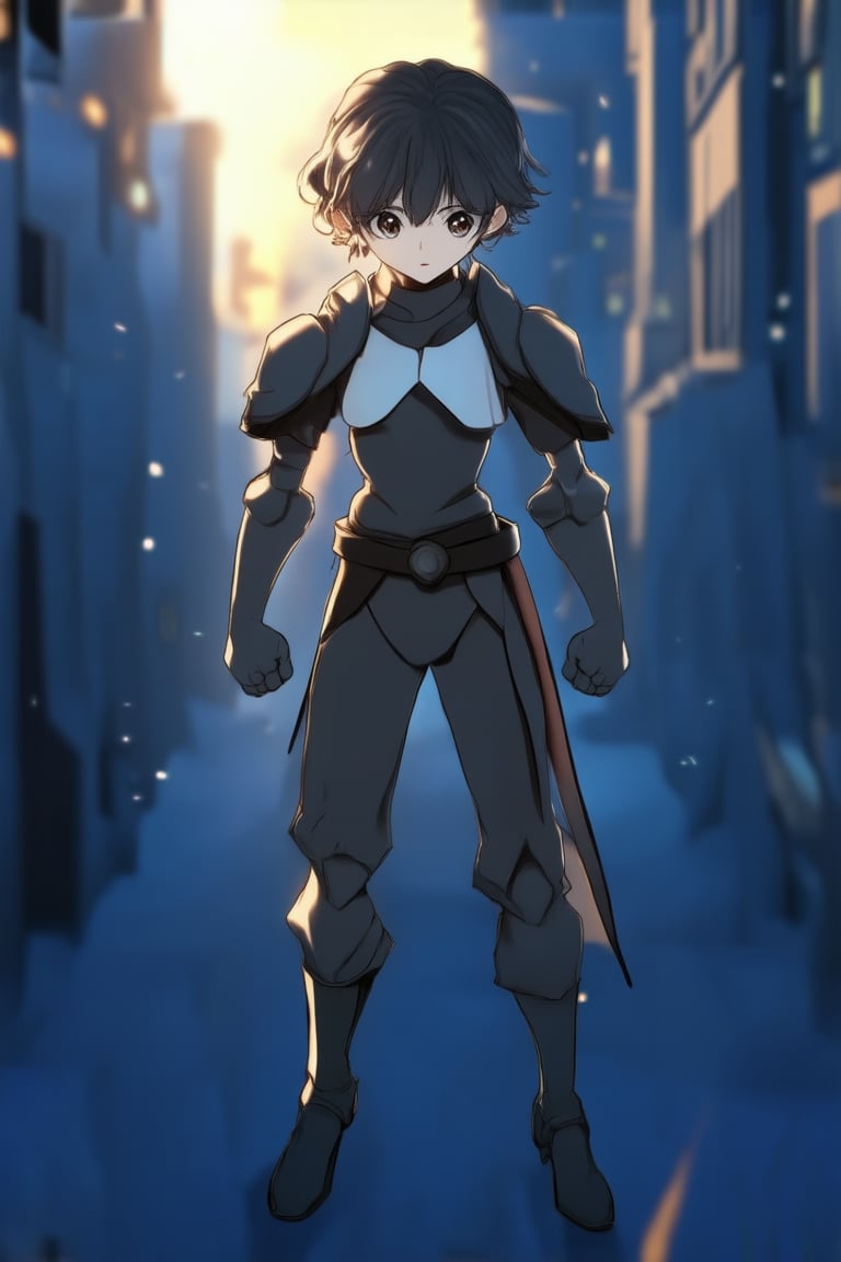 A young anime-inspired warrior stands confidently with feet shoulder-width apart, fists clenched at her sides, and eyes fixed intently on a distant horizon. Soft golden light falls from above, casting a warm glow across the dark blue background. The subject's dynamic pose is set against a subtle cityscape silhouette, hinting at urban surroundings.