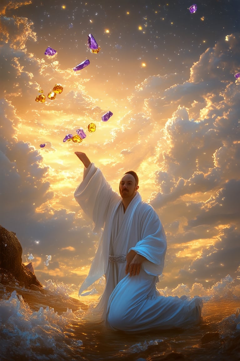 A dreamy landscape at dusk, a mystical realm bathed in warm golden light. Glowing crystals of amethyst and citrine suspended amidst wispy clouds, their soft luminescence casting an ethereal glow on the surrounding terrain. A lone traveler, dressed in flowing white robes, kneels amidst the crystal formations, hands held upwards as if embracing the celestial wonder.