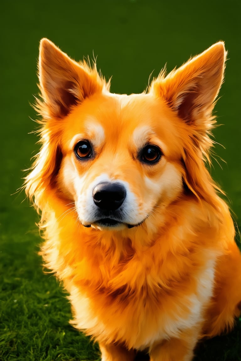 A vibrant yellow Hakame, a rare breed of Japanese dog, is captured in a warm, golden light against a serene green background. The camera frames the subject from slightly above, emphasizing its bright coat and adorable features. The Hakame's ears are perked up, and it gazes directly at the viewer with an inquisitive expression, as if asking for attention or treats.