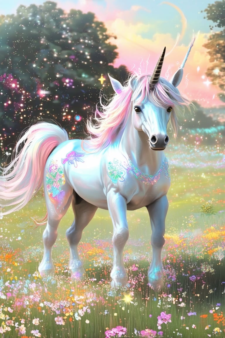 A whimsical illustration depicts a majestic unicorn named WonderMagic standing majestically in a lush, vibrant meadow, sunlight casting a warm glow on her shimmering coat. She raises one hoof, as if conjuring magic, amidst a swirl of glittering sparks and colorful flowers.