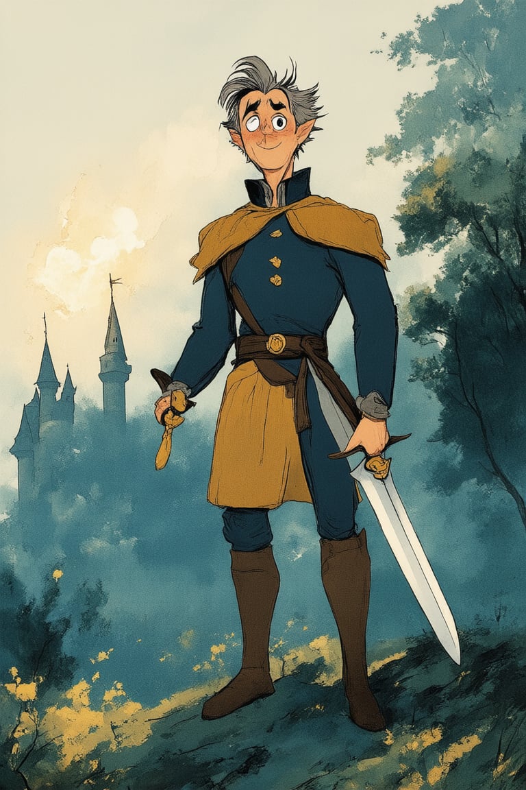 A nostalgic animated film featuring Don Bluth's signature style: warm colors, whimsical characters, and meticulous attention to detail. A fantasy world unfolds with a majestic castle in the background, soft focus, and lush greenery. In the foreground, a brave hero stands tall, sword at the ready, against a subtle gradient of golden hues, set against a clear blue sky.