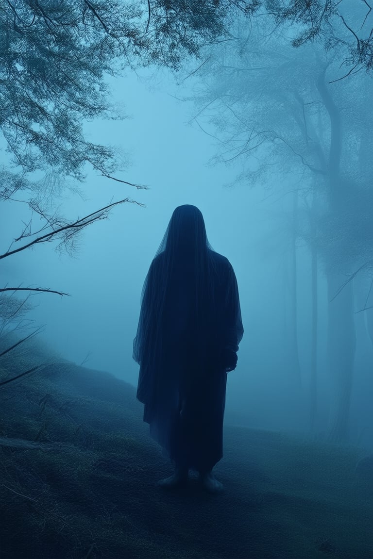 A somber, dark blue-hued realism scene depicting a lone figure standing at the edge of a misty forest, fog rolling in like a veil. The subject's face is obscured by shadows, with only faint hints of facial features visible. Tree branches stretch towards the top of the frame like skeletal fingers, set against a deep blue sky.