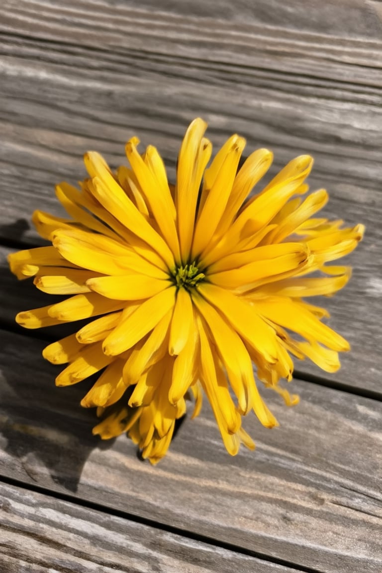 A vibrant yellow Hakame plant sits on a worn wooden table, its delicate petals unfolding like tiny trumpets in the warm sunlight. The camera frames the shot from directly above, showcasing the intricate details of the flower's texture and color. Soft focus blurs the background, emphasizing the simple beauty of this small yet striking bloom.