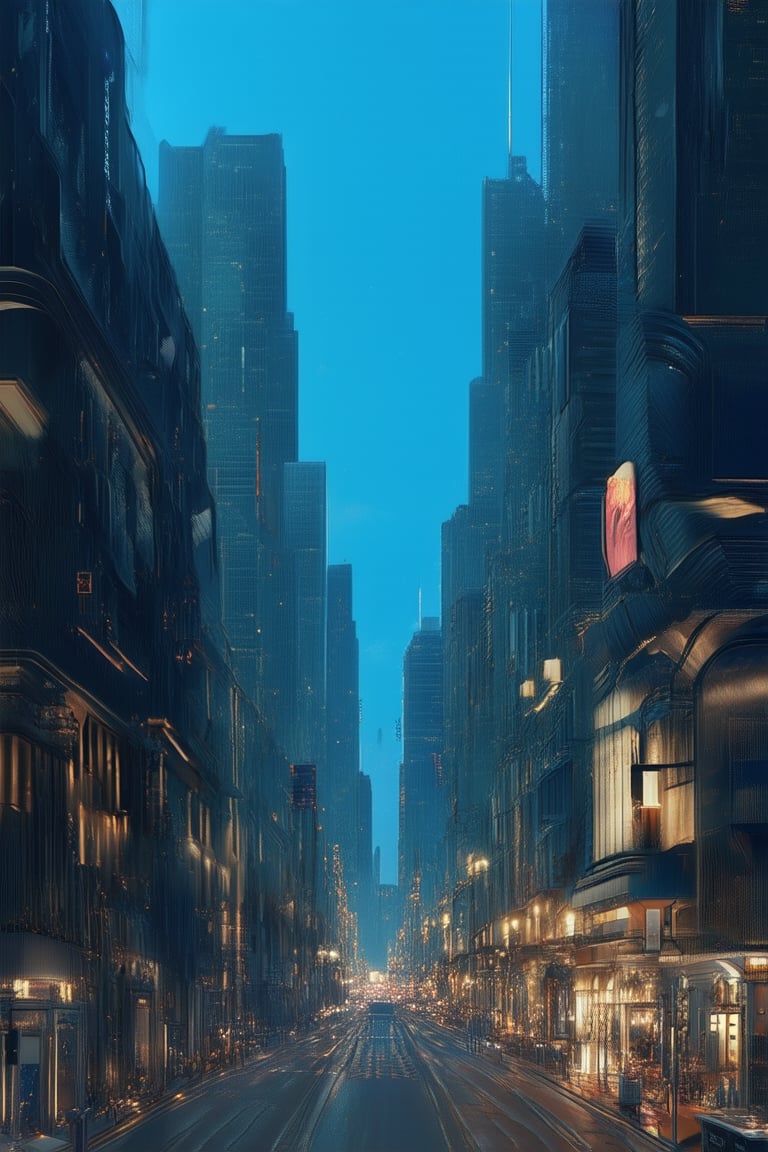 A dark blue background fills the frame, a somber mood set by the rich color. A realistic depiction of a cityscape unfolds before us, with towering buildings and busy streets. The lighting is dim, as if the sun had long since set, leaving only the faint glow of streetlights to illuminate the scene.