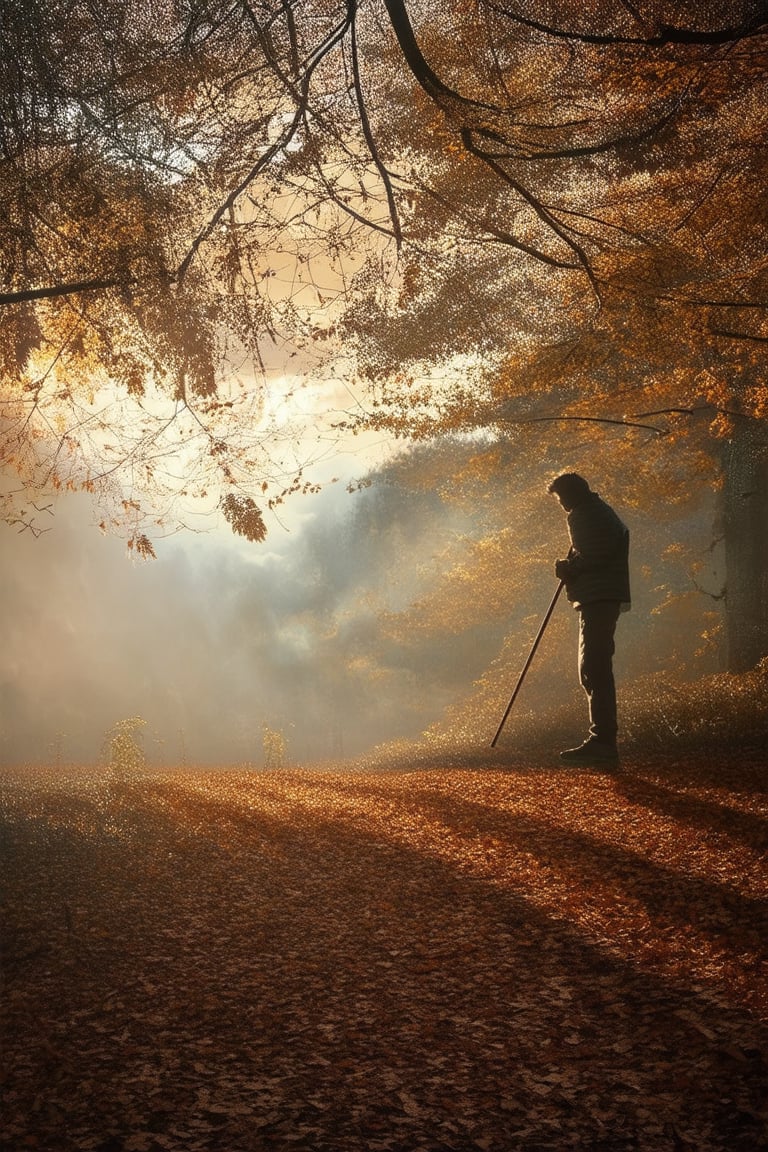 A serene autumn morning scene: A warm golden light descends from a cloudy sky, casting long shadows across a crunchy leaf-covered forest floor. A lone figure stands at the edge of a clearing, arms wrapped around a worn wooden cane, gazing wistfully into the distance as nature's vibrant hues unfold.