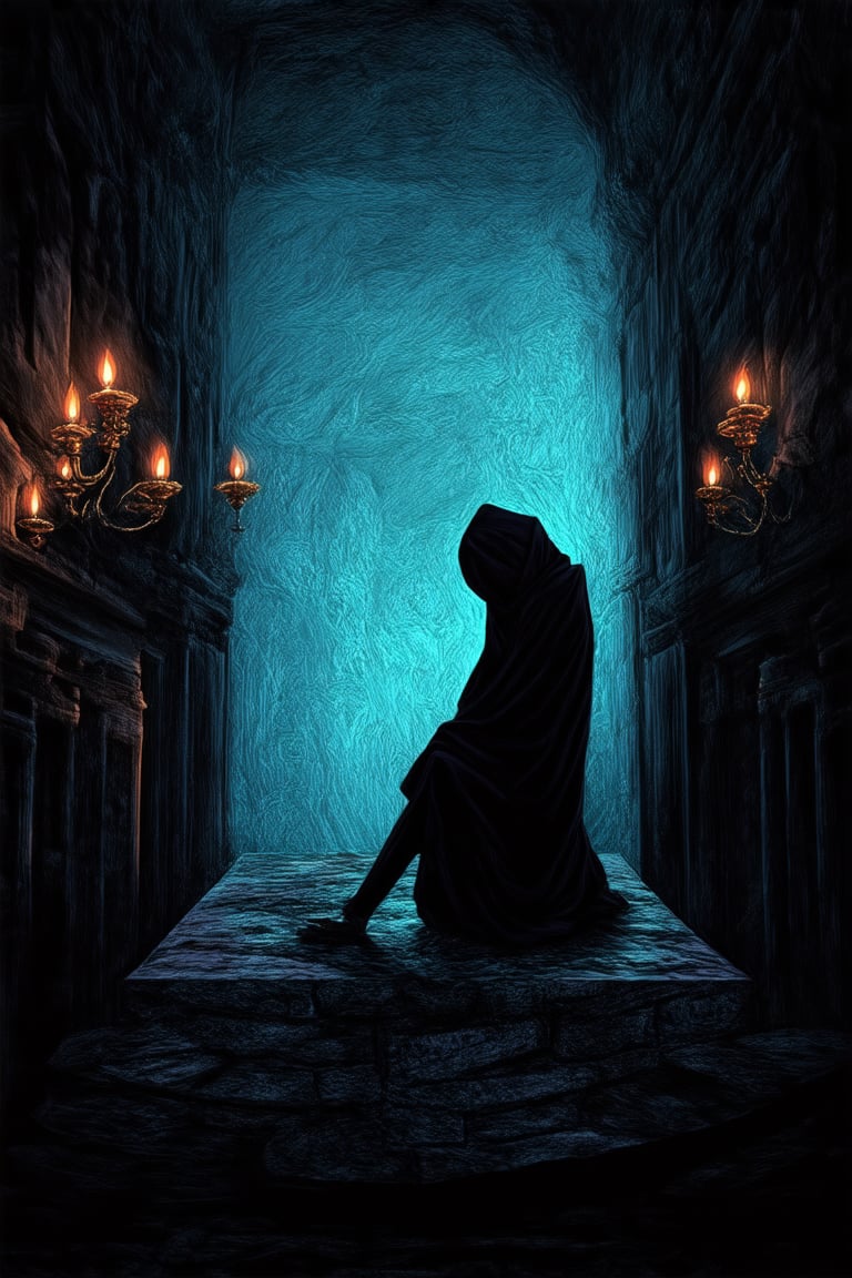 A mysterious figure shrouded in shadows, their face obscured by a veil of intrigue, sits atop a worn stone pedestal. The dimly lit chamber's only illumination comes from a lone candelabra, casting eerie silhouettes on the walls as it casts an enigmatic glow on the subject's hooded features.