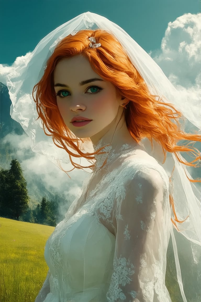 Vibrant digital portrait of a young woman with flowing orange hair and mesmerizing emerald green eyes, set against a soft focus gradient of swirling clouds and misty mountains. Her long white dress flows behind her like a bridal veil, with intricate lace details and delicate floral patterns. The framing is cinematic, with the subject centered in a lush meadow surrounded by ancient trees, warm sunlight casting gentle shadows on her face.