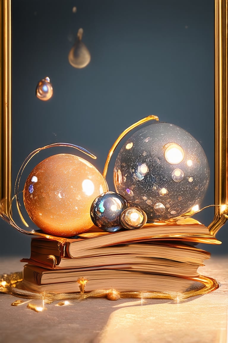 A whimsical still life arrangement of enchanted objects: glowing orbs, shimmering crystals, and ancient tomes, set against a mystical blue-gray backdrop with soft focus. The framing is tight, focusing attention on the treasures within. Warm golden lighting casts an aura of wonder, while the composition leads the eye through a winding path of discovery.