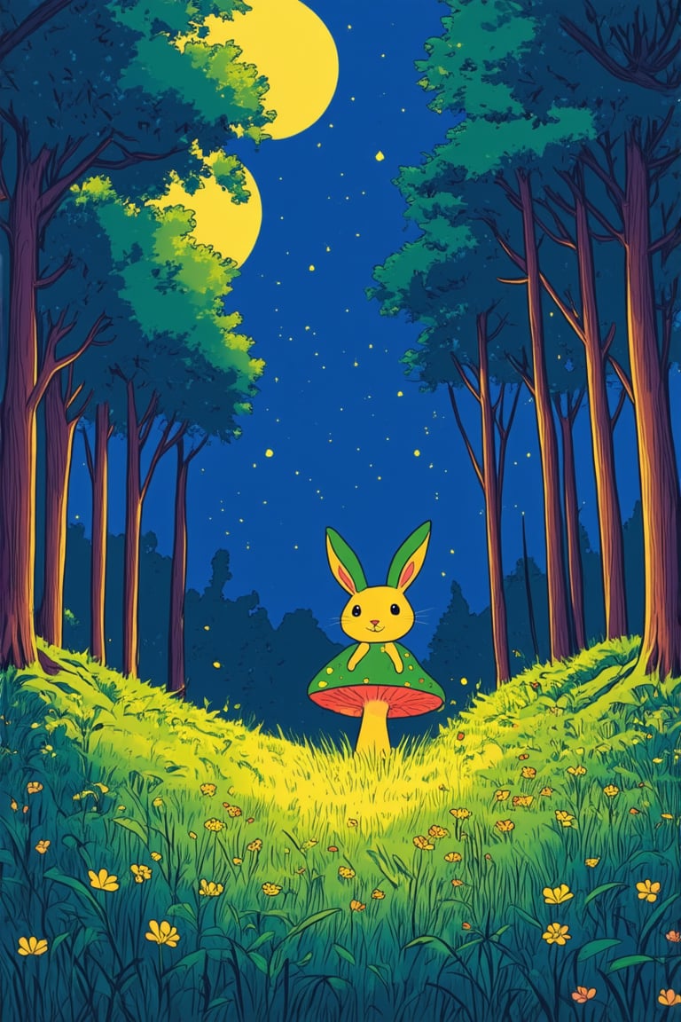 A vibrant flat 2D illustration of a whimsical forest scene at dusk, with tall trees and lush greenery set against a gradient blue sky. In the foreground, a curious rabbit perches on a toadstool, surrounded by scattered wildflowers and twinkling fireflies. The composition is balanced with a diagonal line of trees leading the viewer's eye to the rabbit, while warm golden lighting highlights the whimsical atmosphere.