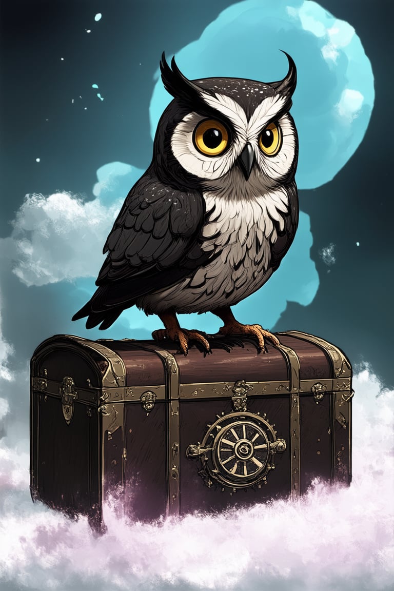 A dreamlike scene: a majestic clockwork owl perches atop a vintage-inspired steamer trunk, surrounded by swirling clouds of misty blue and wispy purple. Soft focus lens captures the intricate gears and ornate details of the clockwork mechanism, while warm golden lighting highlights the owl's inquisitive gaze.