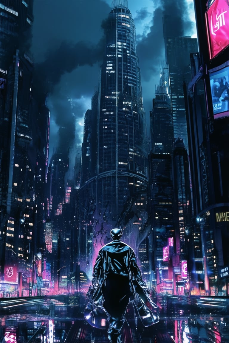 A dystopian metropolis at dusk, neon-lit skyscrapers piercing the smog-choked sky as a lone figure in a metallic jacket and mirrored shades emerges from the shadows, surrounded by holographic advertisements and pulsing cybernetic tendrils. The city's underbelly thrums with energy, reflected in the protagonist's determined stride.