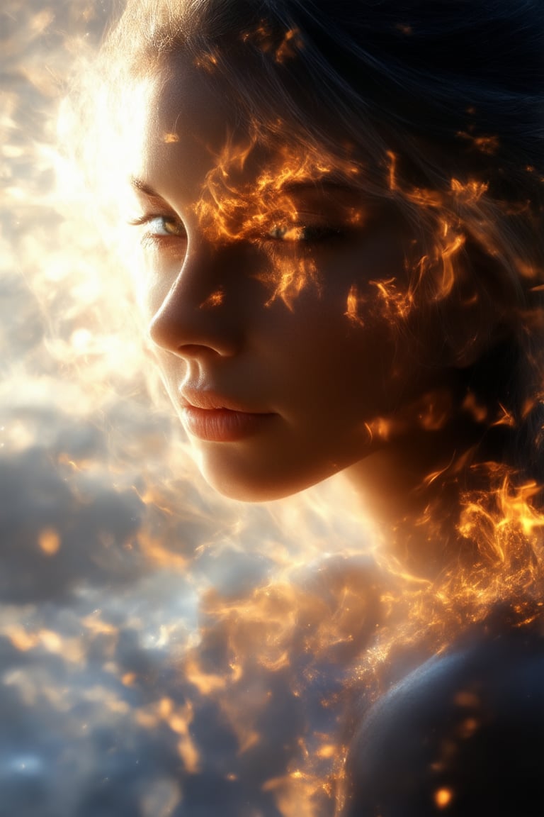 A bold and intense portrait of a young woman with a fiery gaze, her eyes blazing like embers from a crackling fire. Her features are illuminated by a warm, golden light, as if the sun has burst forth from behind the clouds. Her jawline is set, her lips pursed in a determined expression, conveying a sense of unyielding strength and unwavering conviction.