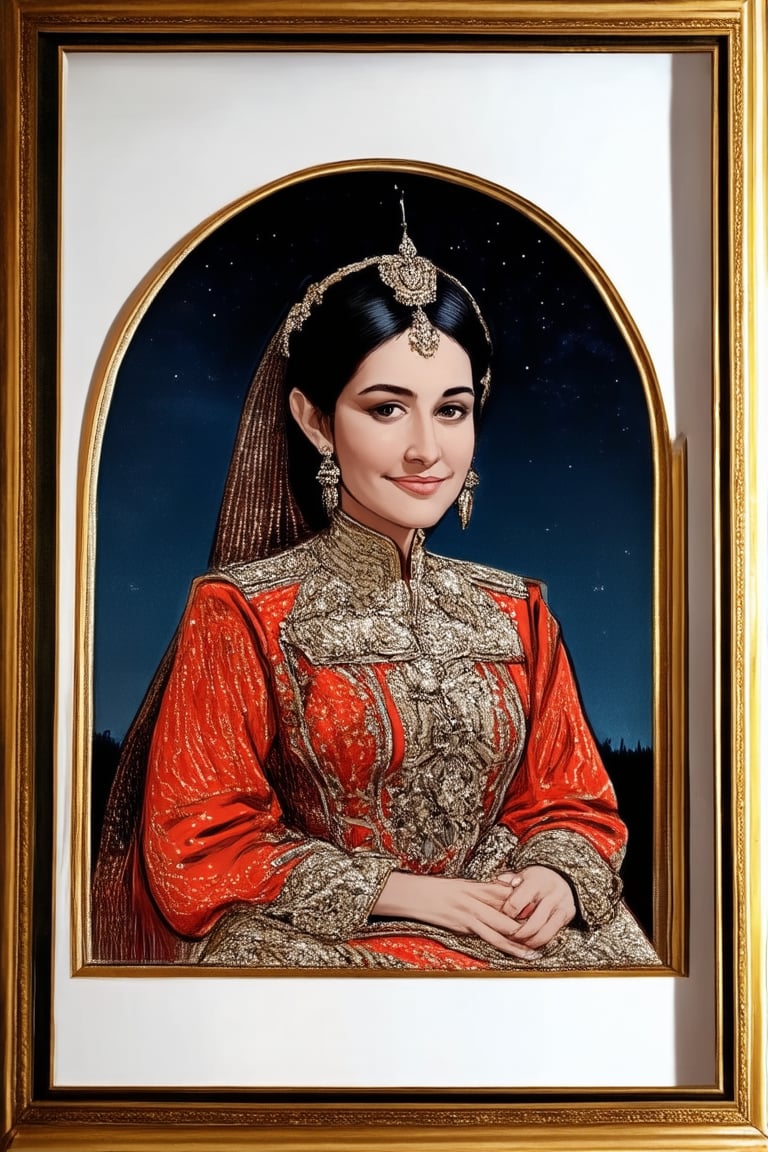 A serene portrait of Mandana Koka, a 19th-century Georgian queen and military leader. Framed by a soft, golden light, she sits proudly with a subtle smile, her eyes shining like stars in the night sky. Her traditional attire, adorned with intricate embroidery, complements the rich tapestry behind her.