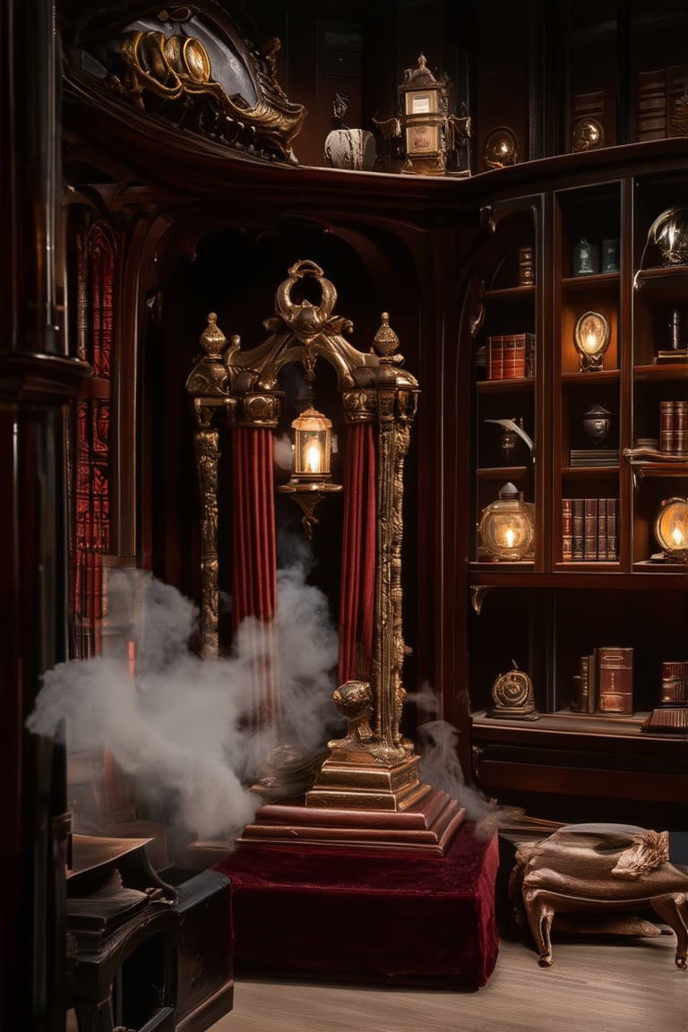 A mystical traditional museum setting: A dimly lit, ornate wooden room with intricate carvings and ancient artifacts on display. Shelves lined with dusty tomes and mysterious relics cast a warm golden glow from soft lanterns. In the center, a velvet-draped pedestal supports a sacred, glowing artifact, surrounded by puffs of mystical smoke.