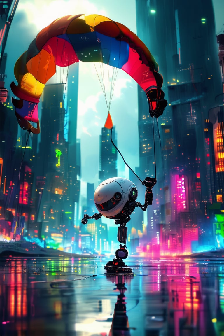 A whimsical scene unfolds: a futuristic cityscape at dusk, with neon lights reflecting off the wet pavement. In the foreground, a sleek, silver robot stands on one leg, its mechanical arm raised in triumph, while a rainbow-colored parachute slowly descends behind it, framing the robot's metallic body against the vibrant hues of the sky.