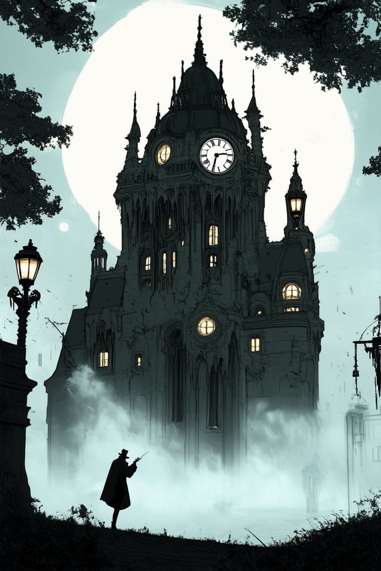 A surreal design prompt:

A dreamlike cityscape at dusk: a melting clock tower pierces the sky, surrounded by floating clocks and gears. A figure in a top hat and coat stands atop the structure, arms outstretched as if conducting an orchestra of swirling fog. Soft focus misty trees and glowing streetlights fill the background.