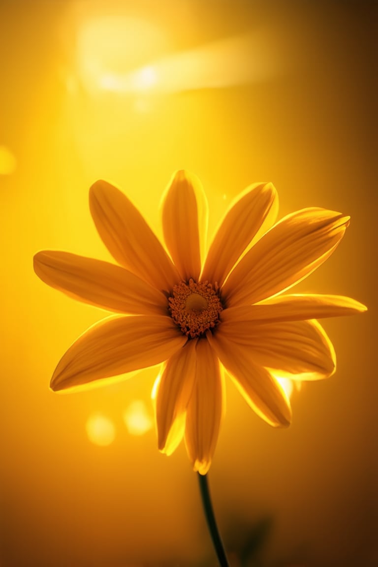 A close-up shot of a bright yellow flower with petals shimmering in vibrant effect, against a warm orange-yellow background, softly lit by a gentle morning sunbeam, framing the delicate details of its center. The camera is positioned at a slight angle, emphasizing the texture and dimensionality of the petals.