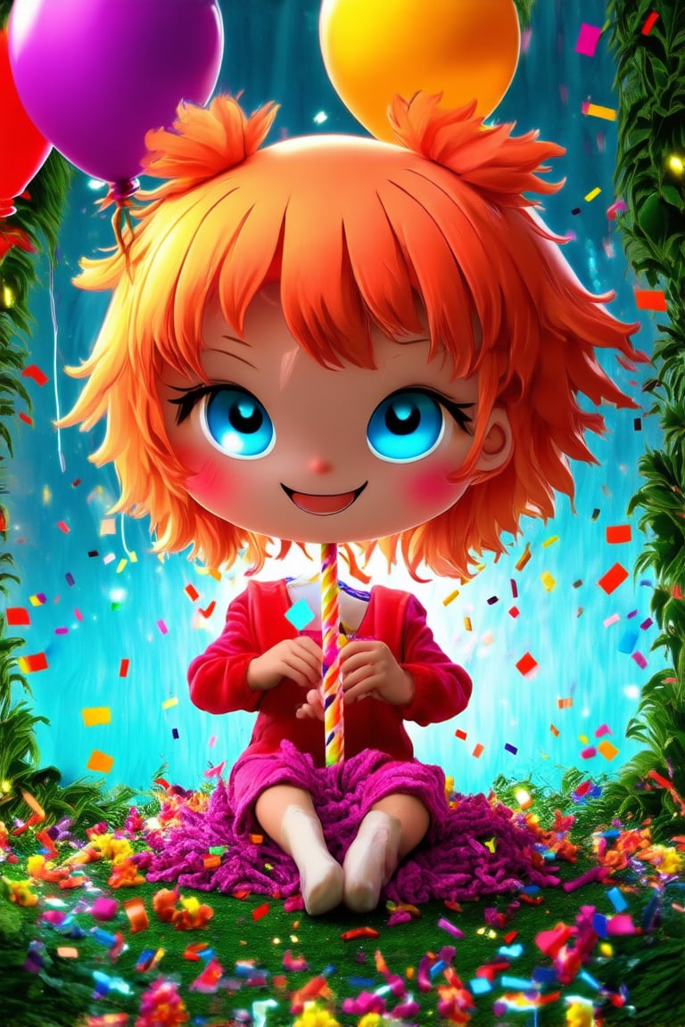 A whimsical chibi character posed in a playful manner, with bright blue eyes shining brightly beneath a messy mop of orange hair. Framed by a warm golden light, the character sits amidst a scattering of colorful confetti and balloons, surrounded by vibrant flowers and lush greenery. A cheeky grin spreads across their face as they hold a giant lollipop, evoking a sense of joyful mischief.