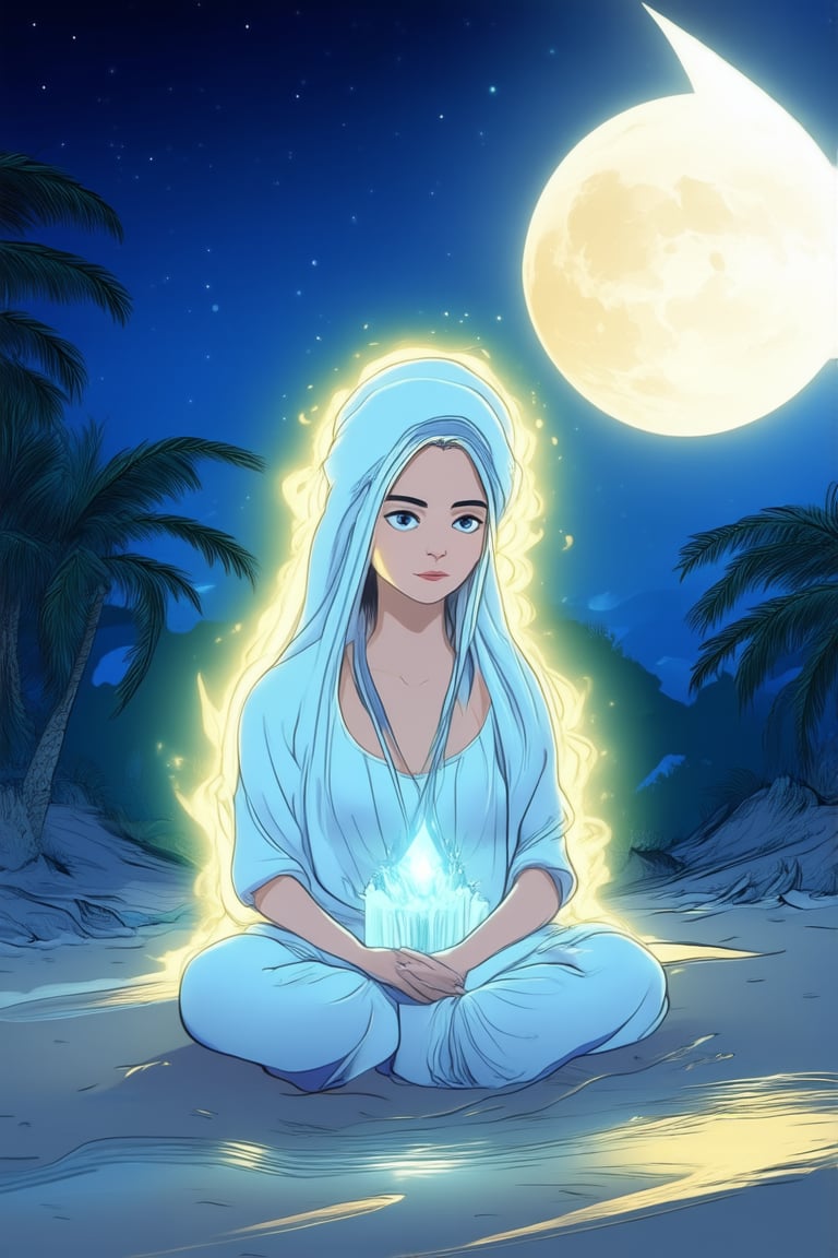 A mystical mama sits serenely on a moonlit beach, surrounded by wispy fog and towering palm trees. Her eyes gleam with an otherworldly wisdom as she cradles a glowing crystal in her lap. The soft glow of the full moon casts a gentle light upon her peaceful face, while the sound of waves gently lapping at the shore creates a soothing melody.