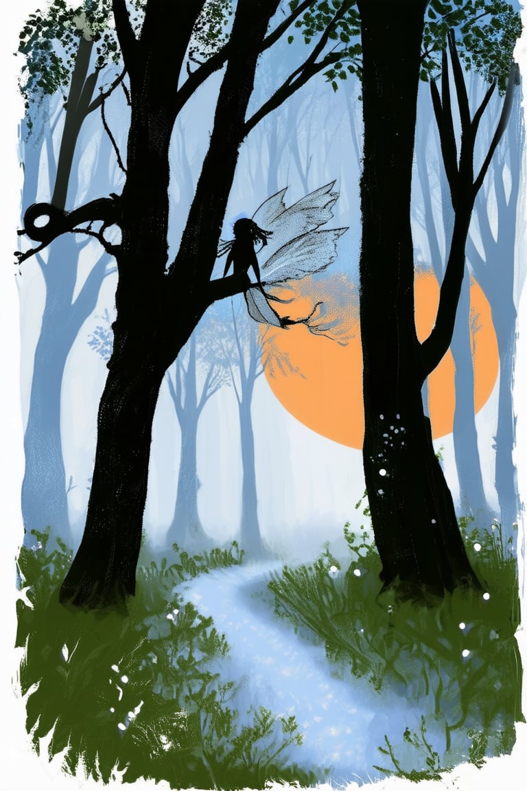 Whimsical ink illustration of a mystical forest at dusk, with towering trees shrouded in misty blue fog. A delicate fairy perches on a branch, her wings a blur as she whispers secrets to the ancient tree's gnarled bark. The scene is set against a warm orange sky, with sunbeams filtering through the foliage, casting intricate shadows.