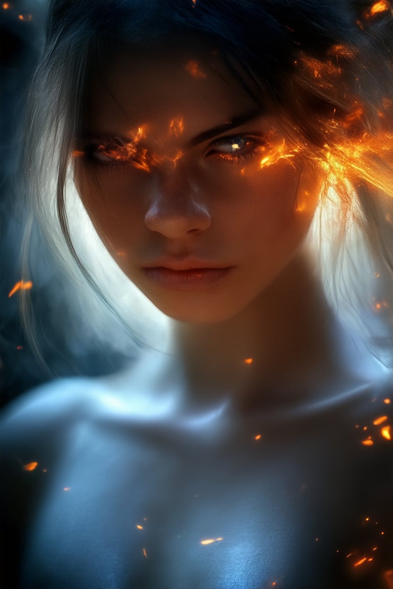 A striking portrait of a young woman with an intense gaze, her eyes blazing like embers from a fire. Her facial expression is a masterclass in powerful storytelling, conveying unbridled emotion as she stands confidently against a dark, moody backdrop.