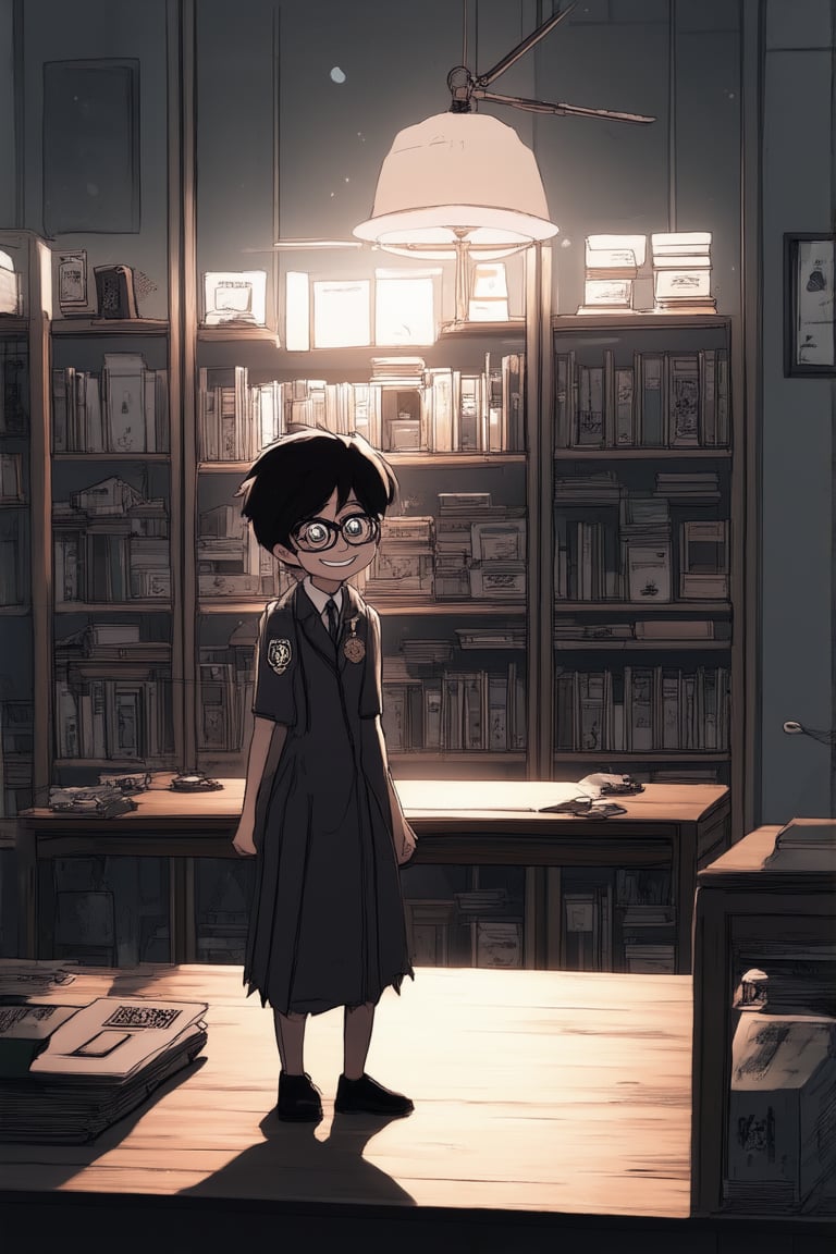 A close-up shot of Flat, a bespectacled character with a gentle smile, stands proudly in a dimly lit room with a wooden desk and shelves filled with books. The soft glow from a nearby lamp casts a warm ambiance, highlighting the honor badge on their chest. A subtle gradient of gray tones in the background adds depth to the composition.