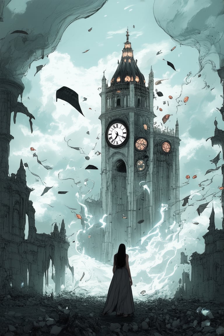 A dreamlike fusion of reality and fantasy: A surreal landscape with a melting clock tower in the distance, surrounded by wispy clouds shaped like fantastical creatures. In the foreground, a woman with an ethereal aura stands amidst a whirlwind of swirling papers, her face contorted in a mixture of curiosity and unease.