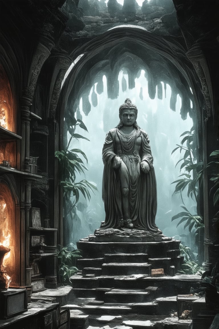 Step into a mystical realm within the ancient walls of this traditional museum. Dusty tomes and mysterious artifacts line the shelves, illuminated by warm, soft lighting that casts a spell of intrigue. In the center, a grand stone statue of an enigmatic deity stands tall, surrounded by lush greenery and subtle wisps of mist. The air is thick with the scent of old parchment and forgotten knowledge.