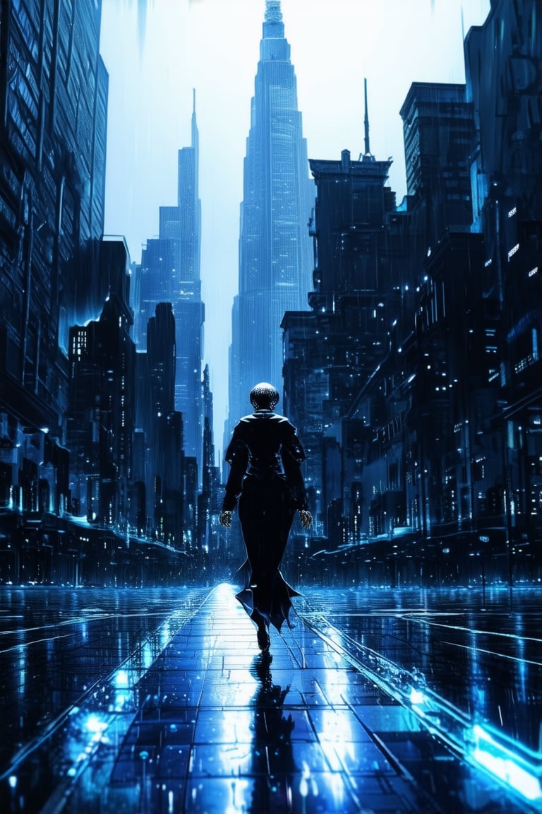 A futuristic metropolis sprawls into the distance, neon lights reflecting off rain-soaked pavement as a lone figure stands at the edge of the city. The subject, a cyber-enhanced individual with glowing blue circuits and chrome-plated limbs, gazes out into the darkness, the city's towering skyscrapers a blurred silhouette behind them.