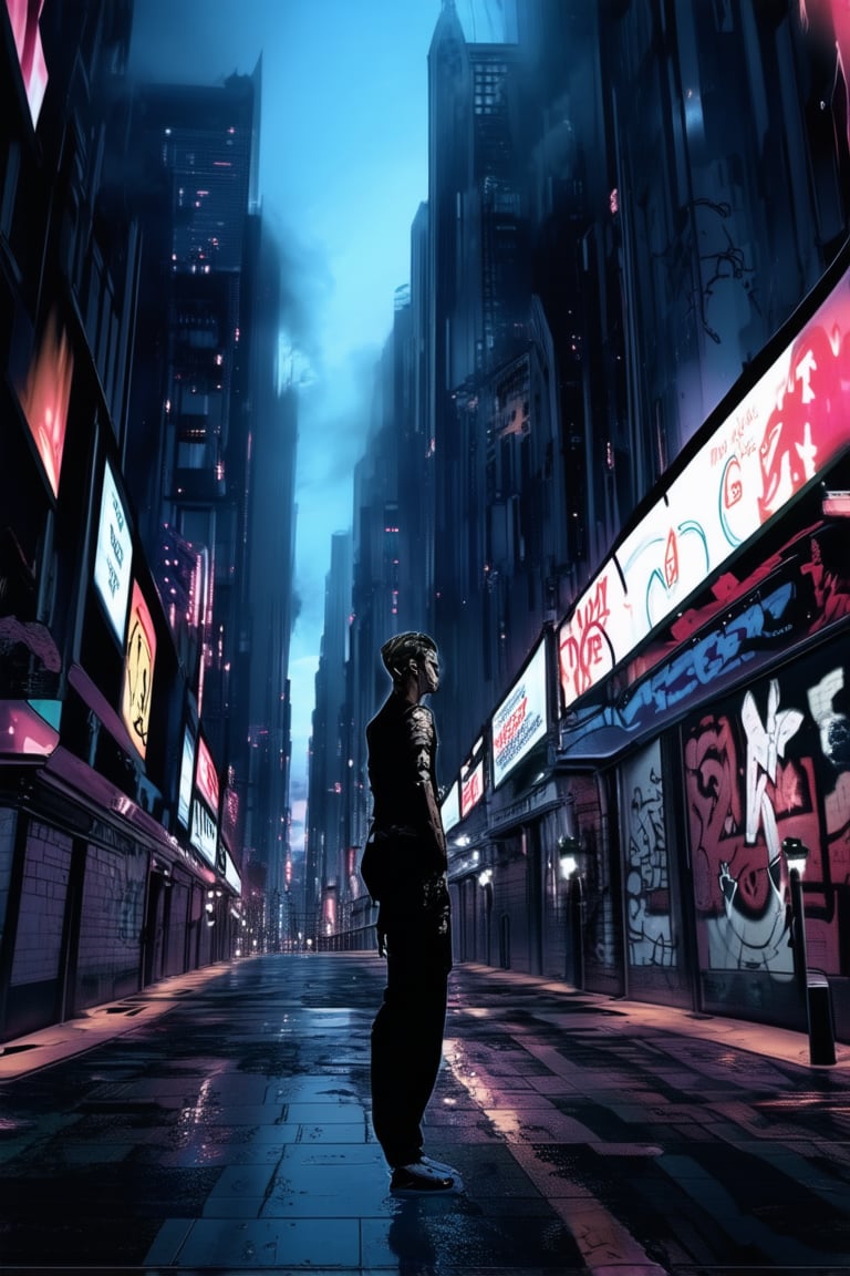 Neon-lit cityscape at dusk: a dystopian metropolis with towering skyscrapers and holographic advertisements flickering like fireflies. A lone figure in silhouette, dressed in ripped cyberwear, leans against a graffitied alleyway wall, gazing out at the smog-choked skyline. Flickering streetlights cast an otherworldly glow on the wet pavement.