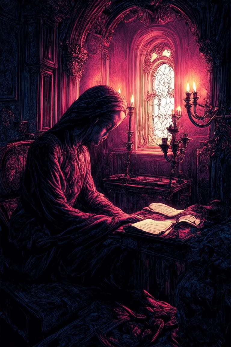 A mysterious figure shrouded in shadows, sits contemplatively amidst a dimly lit, ornate Victorian-style study. The sitter's face, half-illuminated by the soft glow of a nearby candelabra, exudes an air of intrigue, their eyes seeming to hold secrets unseen. A subtle smile plays on their lips, as if concealing knowledge only they possess.