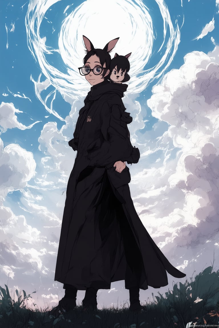 Flat Honor Chara - A whimsical illustration featuring Flat, a bespectacled protagonist with a determined expression, standing tall amidst a backdrop of swirling clouds and wispy tendrils. Chara, their loyal companion, perches on their shoulder, ears twitching as they survey the surroundings. The duo is framed against a soft blue sky, with gentle sunlight casting a warm glow on their profiles. The composition showcases Flat's steadfast stance, highlighting their unwavering commitment to justice and adventure.