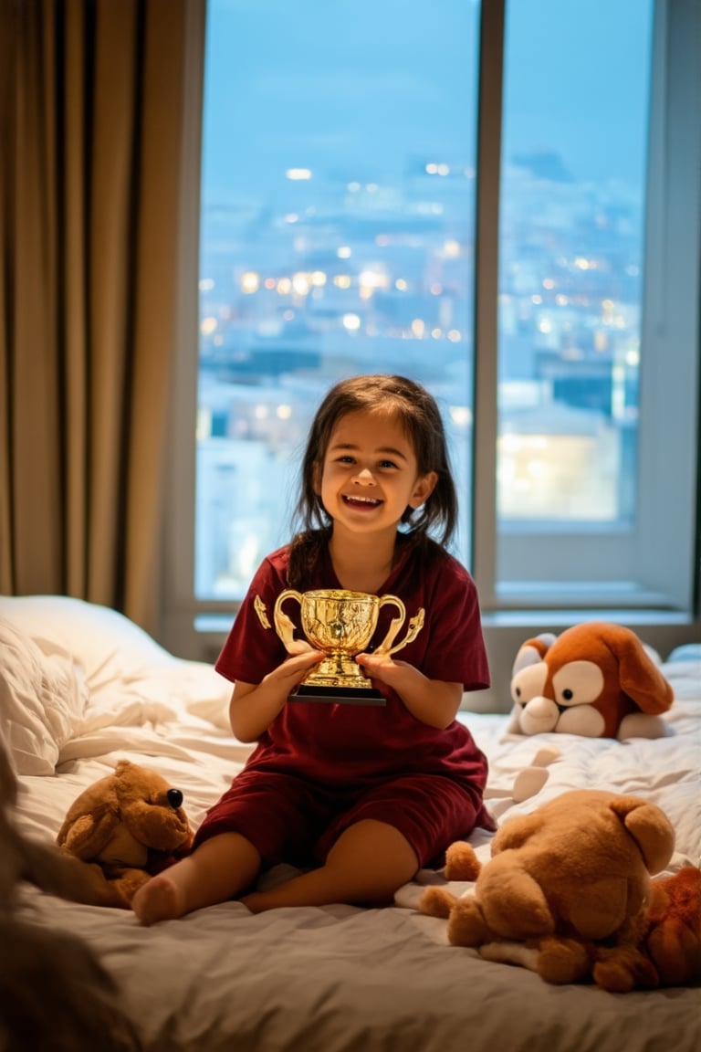 A young girl, Flat, sits proudly on her bed, surrounded by plush toys and stuffed animals, her hands holding a shiny trophy with a bright smile. The warm lighting highlights the softness of her skin, while the framing of the shot focuses attention on her beaming face. In the background, a subtle cityscape glows through the window, symbolizing Flat's connection to her community.