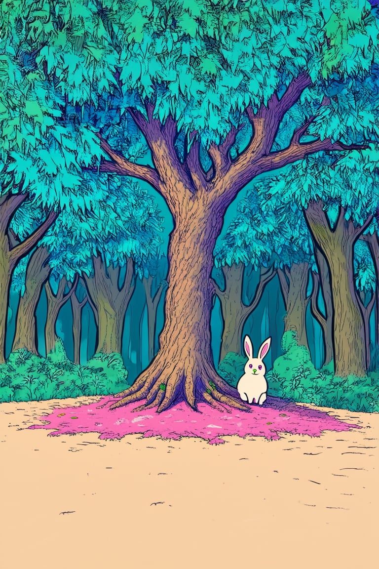 Vibrant digital illustration of a whimsical forest scene: a sprawling tree with glowing blue leaves and twisted branches rises from a carpet of soft pink moss, as a curious rabbit with bright green eyes peeks out from behind the foliage, set against a warm beige background with subtle texture, casting a long shadow across the image.