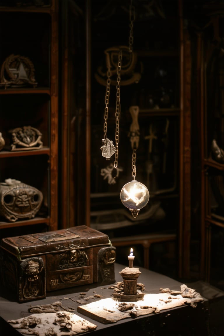 A dimly lit, ancient museum exhibit showcases mystical artifacts amidst a backdrop of worn, stone walls and ornate wooden shelves. A single, flickering candle casts an eerie glow on the treasures within, including a rare, glowing orb suspended from a delicate chain and mysterious, hand-carved boxes adorned with arcane symbols.