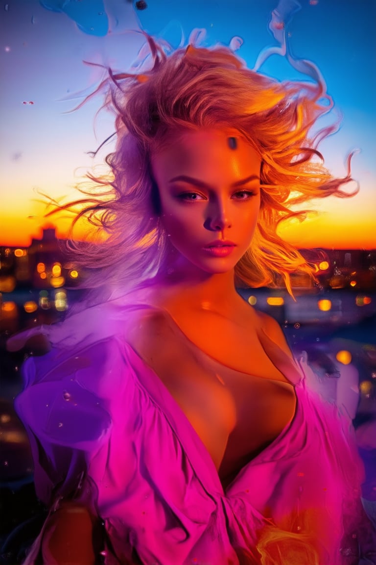 A kaleidoscope of colors swirls around a model's face as she strikes a radiant pose in front of a cityscape at sunset. Vibrant hues of pink, orange, and purple dance across her skin, hair, and clothes, with the urban landscape fading into a warm, golden light.