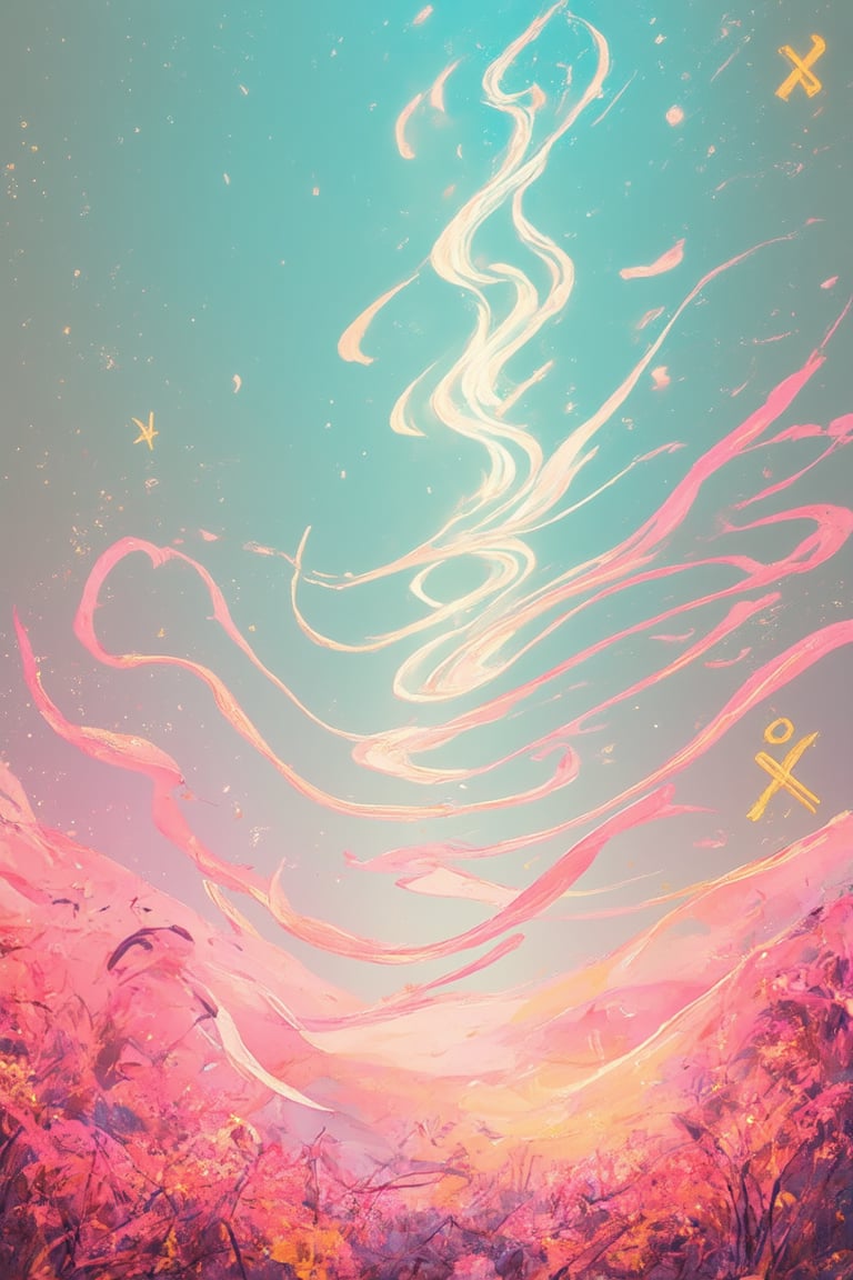 A whimsical illustration of a mystical realm, where vibrant flat art style meets enchanting magic. In a serene landscape with soft focus and pastel hues, delicate brushstrokes depict a wispy fog swirling around ancient, glowing runes. A gentle beam of golden light illuminates the scene, casting a warm glow on the mystical symbols. The overall composition is balanced by the subtle gradient of colors, inviting the viewer to step into this mystical world.