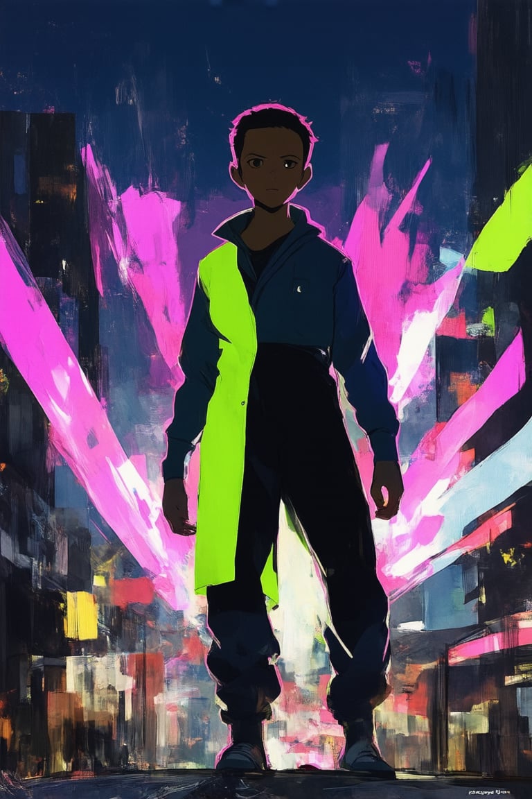 A vibrant digital painting featuring a striking anime-inspired design. A youthful protagonist stands confidently in the center of the frame, with a bold and colorful MixStyle aesthetic. Softly glowing lights illuminate their determined expression, set against a darkened cityscape at dusk. Neon hues dance across their clothing, as if infused with the energy of the urban environment. The composition is dynamic, with bold lines and shapes guiding the viewer's eye to the subject.