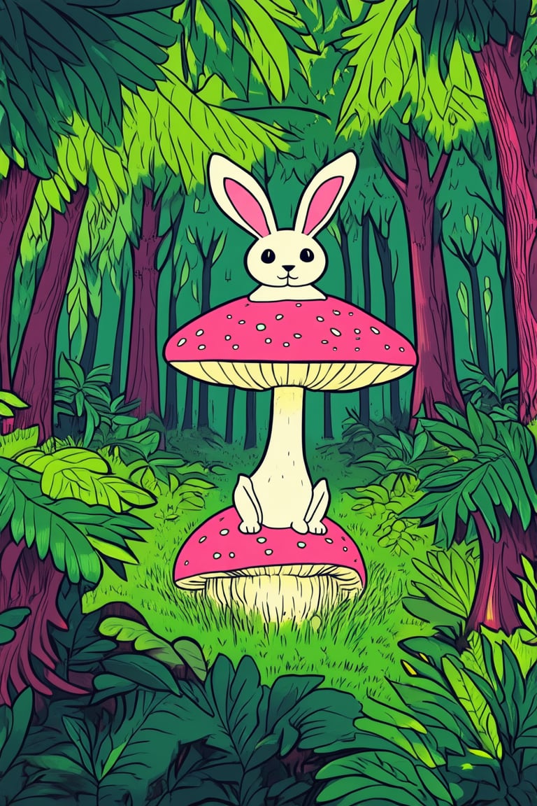 A whimsical illustration of a fantastical forest in a flat 2D style, with vibrant colors and bold lines. A curious rabbit, surrounded by lush greenery and towering trees, sits atop a mushroom, its eyes shining with wonder. The composition is framed by the forest's edges, with sunlight filtering through the leaves to create a warm glow.