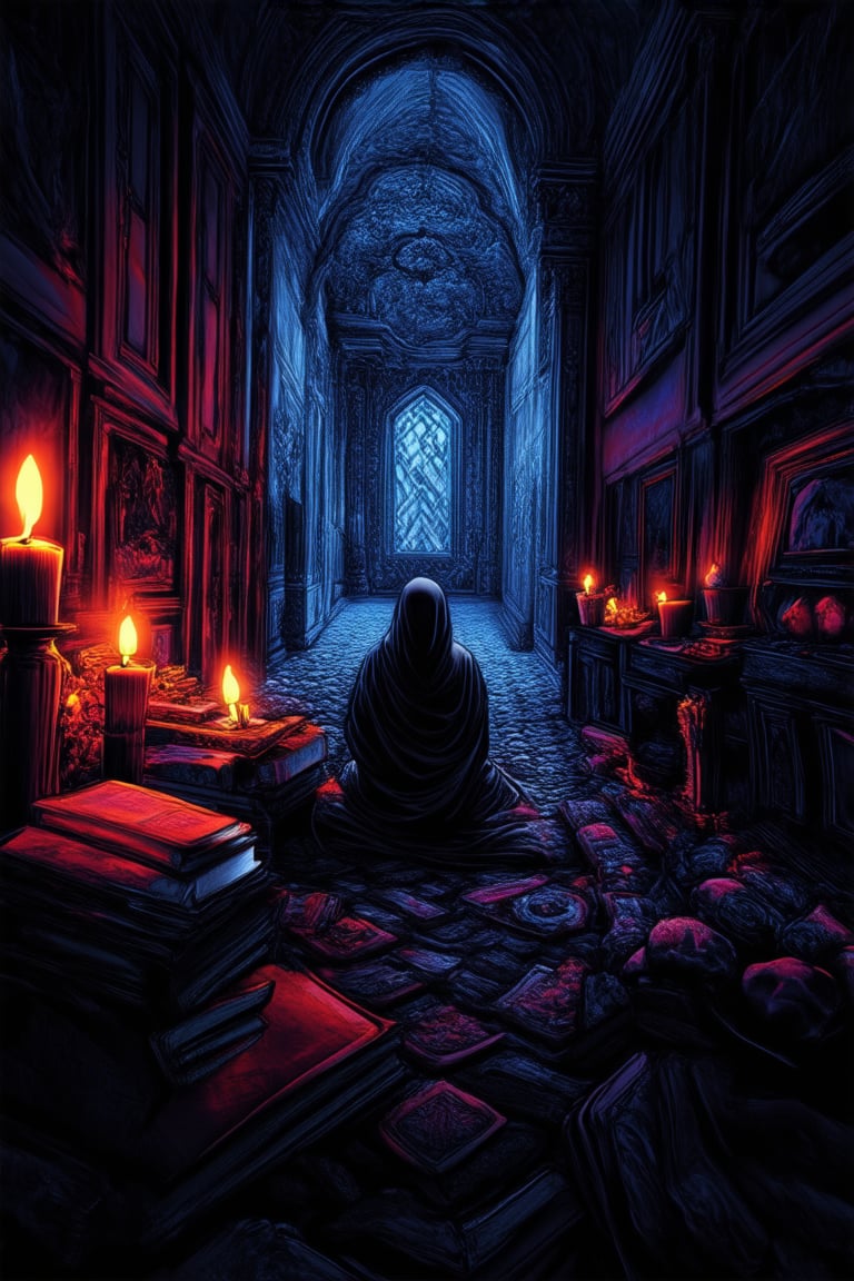 A mysterious figure shrouded in shadows, gaze fixed on something distant yet unseen, sits amidst a dimly lit, ornate parlor. Whispers of ancient tomes and crackling candles surround the subject's enigmatic expression, as if secrets whispered by the walls themselves have awakened an air of quiet contemplation.