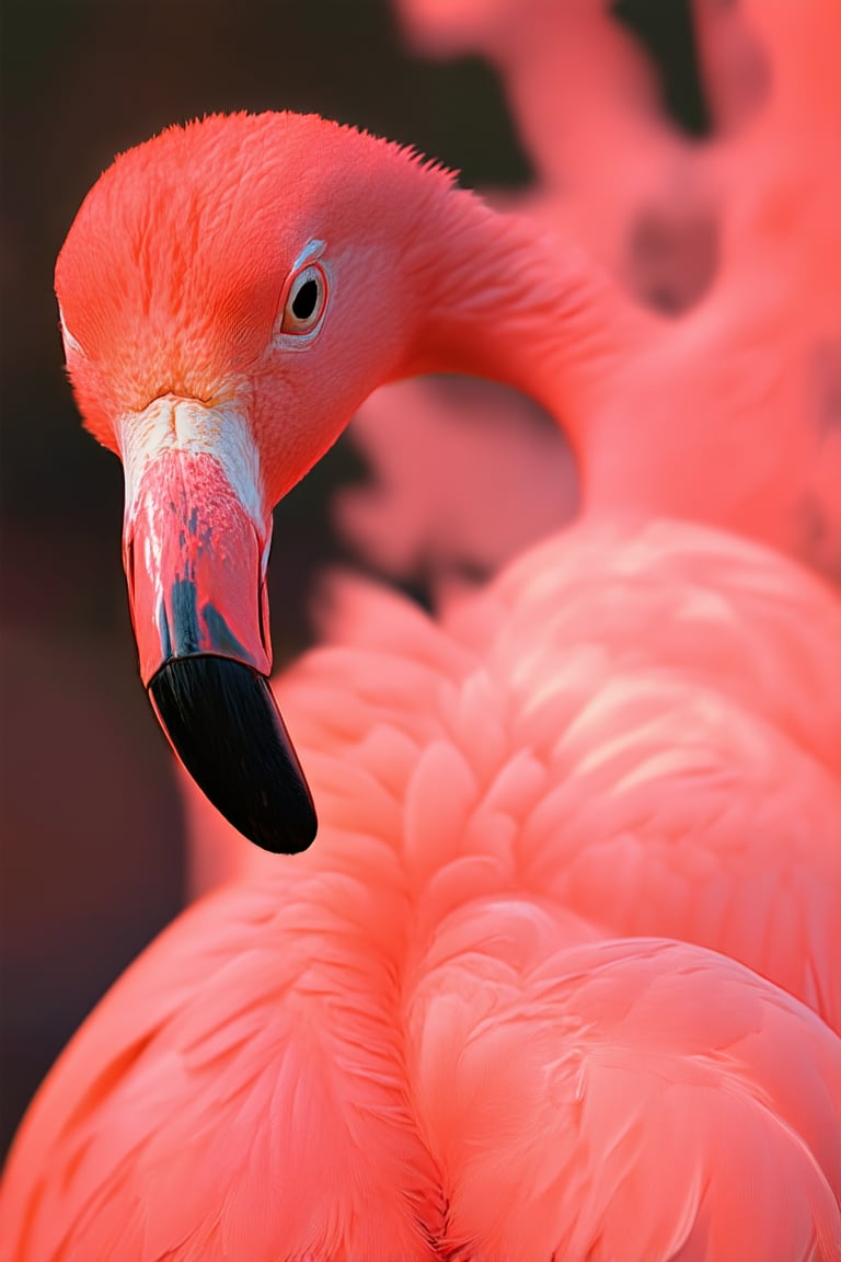 A fiery pink explosion! A close-up shot of a flamingo's beak, illuminated by warm sunlight, casts a fierce pink hue on its plumage. The vibrant color dominates the frame, as the bird's majestic posture and outstretched neck command attention. A shallow depth of field blurs the background, emphasizing the striking pink tone.