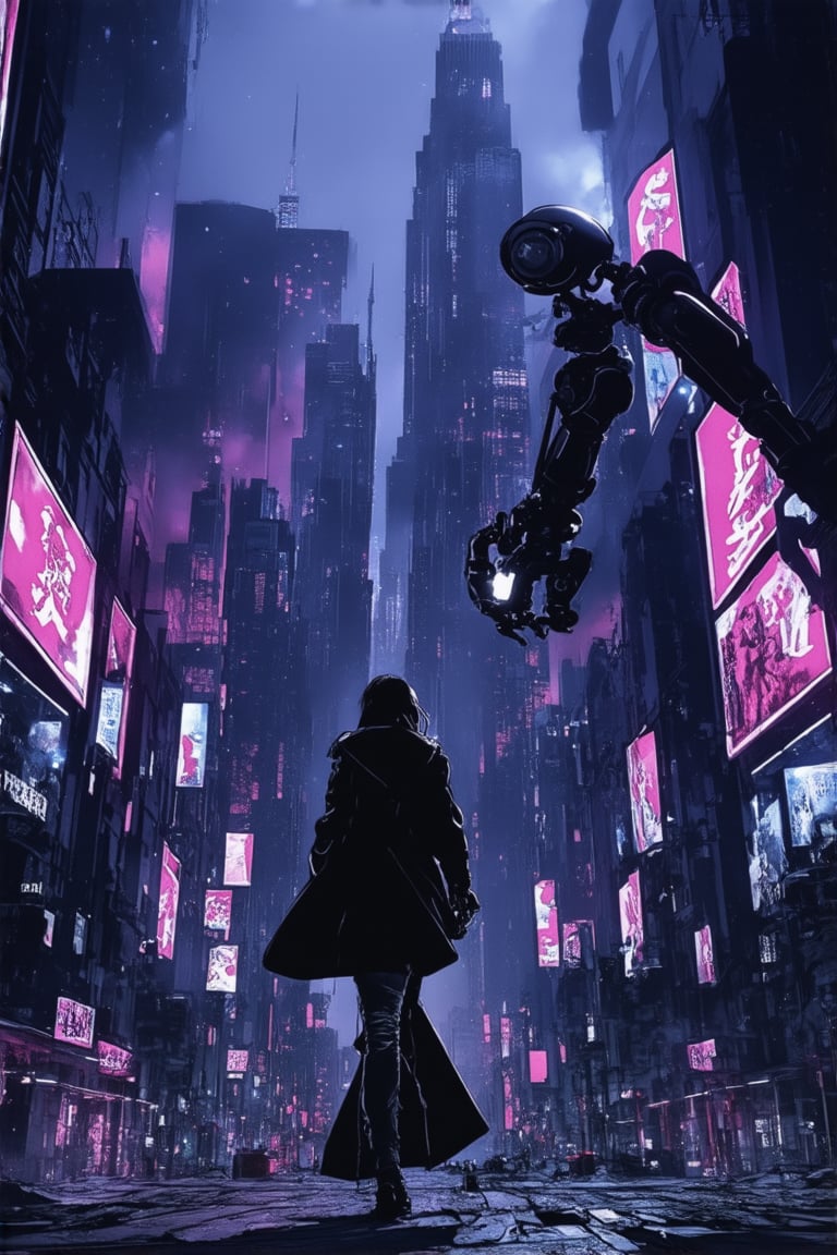 A futuristic cityscape at dusk: neon-lit skyscrapers pierce the smoggy sky as a lone figure in a black leather jacket and ripped jeans stands silhouetted against a haze of purple and pink. Flickering holographic advertisements dance across the walls, casting an otherworldly glow on the gritty streets. In the foreground, a broken robotic arm lies motionless, a symbol of decay amidst the urban jungle's neon underbelly.