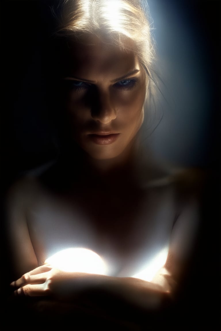 A dramatic close-up shot of a woman's face, lit by a single spotlight highlighting her intense gaze and furrowed brow. Her eyes seem to bore into the soul, exuding an aura of unbridled power as she stands defiantly against a dark background, arms crossed and jaw set in determination.