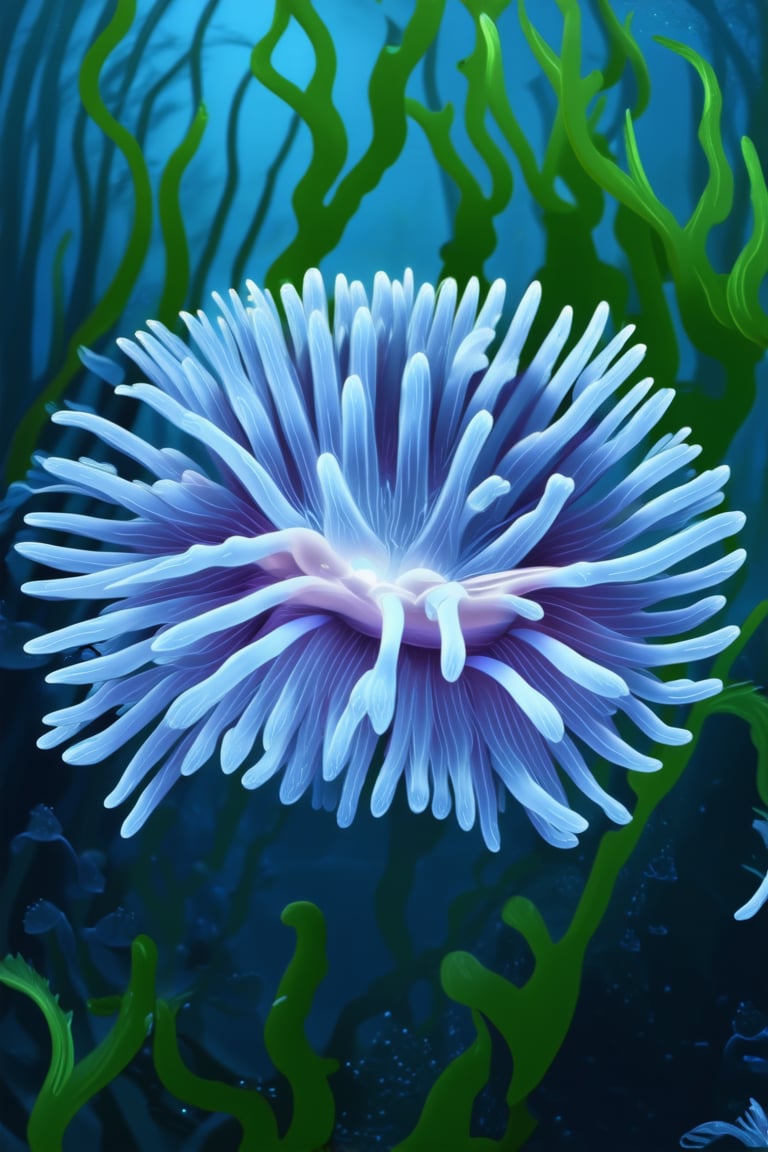 A serene underwater scene: a delicate sea anemone sways gently in the ethereal DeepBlue water, its translucent petals glowing with a soft blue luminescence. The camera captures this intimate moment from directly above, highlighting the intricate details of the anemone's structure as it dances amidst the flowing seaweed.