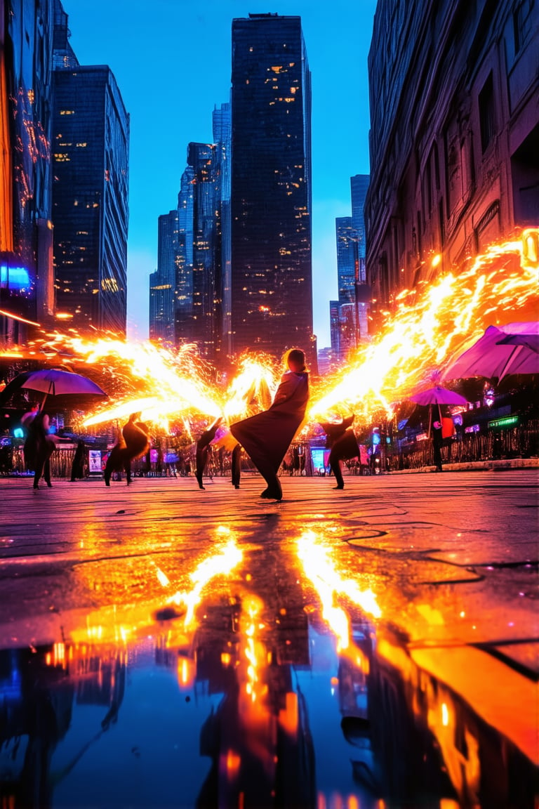 A bright and bold cityscape at dusk, with neon lights reflecting off wet pavement in a vibrant effect. A kaleidoscope of colors dance across the buildings as street performers spin fire and twirl umbrellas, set against a backdrop of towering skyscrapers and bustling streets.