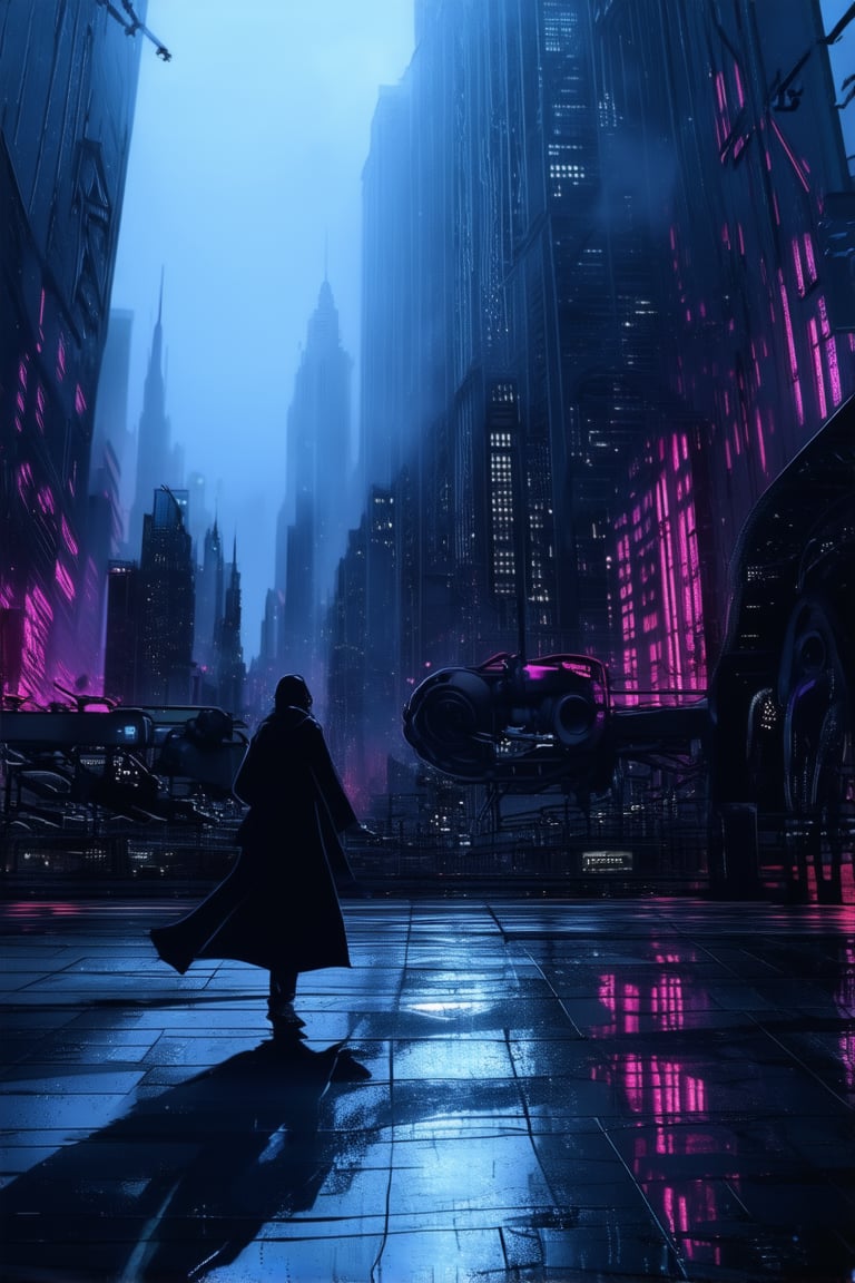 A futuristic cityscape at dusk, neon lights reflecting off wet pavement like a canvas of vibrant abstract art. A lone figure in a long coat, their features obscured by shadows, stands at the edge of a towering skyscraper's rooftop, gazing out upon a sea of towering structures and hovering drones. The air is thick with mist and the hum of machinery.