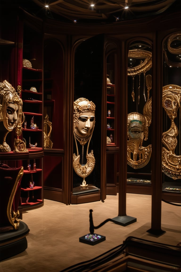 A dimly lit, ornate museum interior with ancient artifacts and mystical relics on display. Wooden shelves line the walls, adorned with intricately carved masks and strange, glowing orbs. A velvet rope partitions off a central exhibit, featuring a majestic, gemstone-encrusted sarcophagus. Soft, golden lighting illuminates the space, casting an air of reverence.